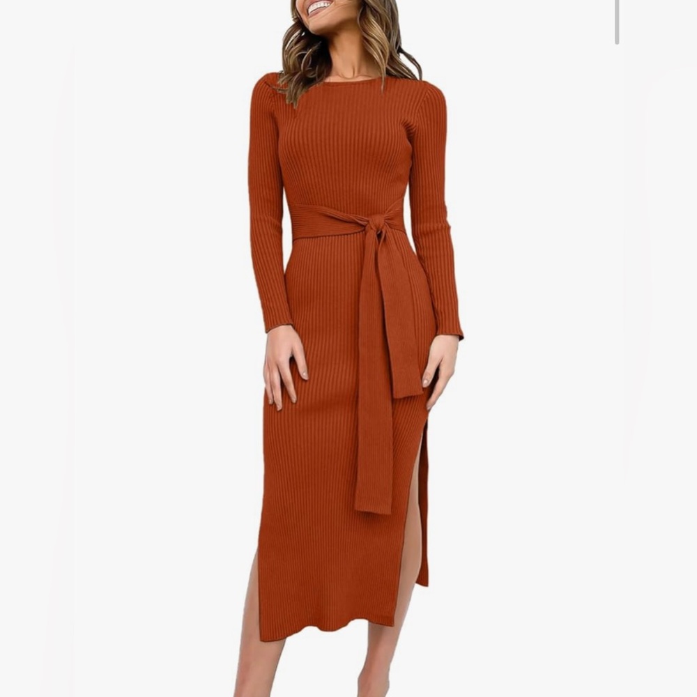 Rust Orange Knit Midi Dress